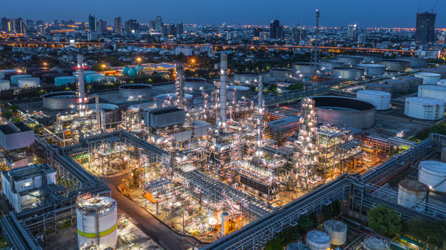 Aerial view of an oil refinery at night