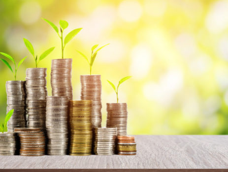 Young plants and coins stacked together, representing investments that make an impact