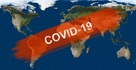 COVID-19 and the environment: global map with "COVID-10" written in a banner across it