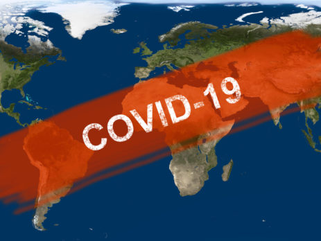 COVID-19 and the environment: global map with "COVID-10" written in a banner across it