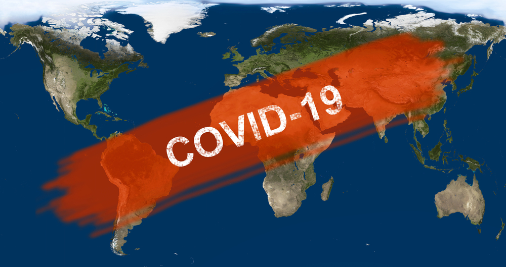 COVID-19 and the environment: global map with "COVID-10" written in a banner across it