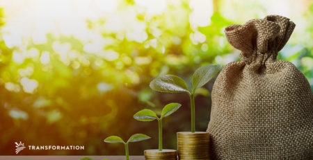 bag of money next to plants growing from coin stacks