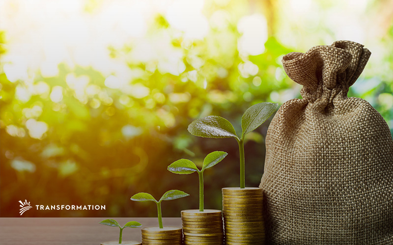 bag of money next to plants growing from coin stacks