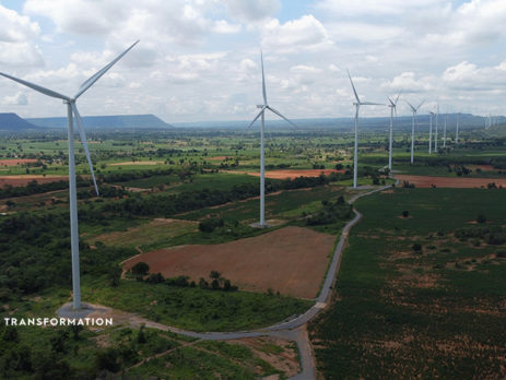 Wind turbines over farm fields